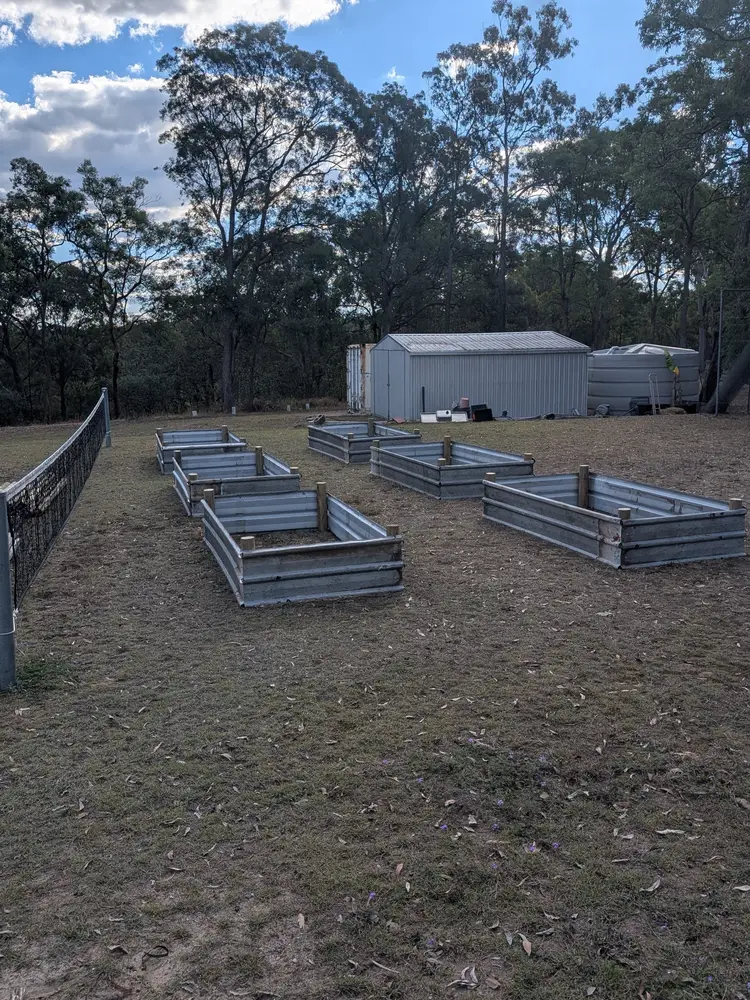Six corrugated steel raised garden beds, assembled and set out in rows on a large backyard block
